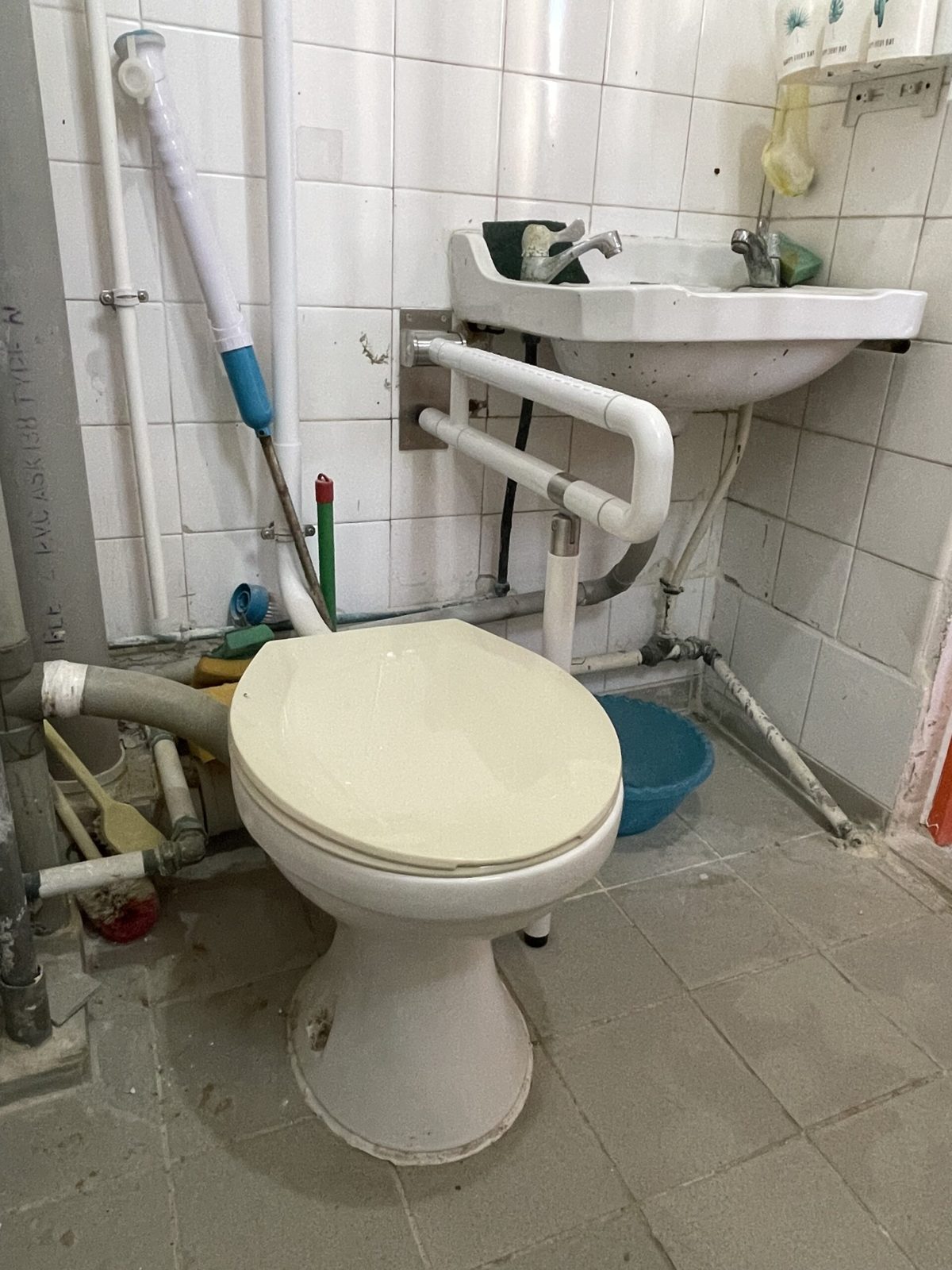 Grab bars installed beside a toilet in an elderly resident's bathroom